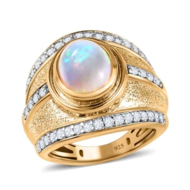 Premium Ethiopian Welo Opal and White Zircon 2.28 ctw Ring in Vermeil Yellow Gold Over Sterling Silver (Size 5.5) (8.87 g)