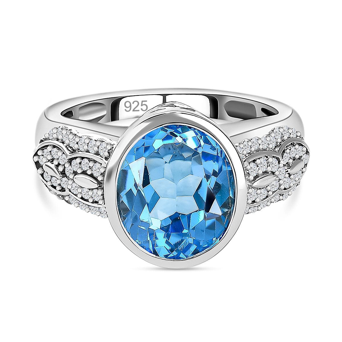 Electric Blue Topaz and White Zircon 5.51 ctw Ring in Platinum Over Sterling Silver (Size 9.0)