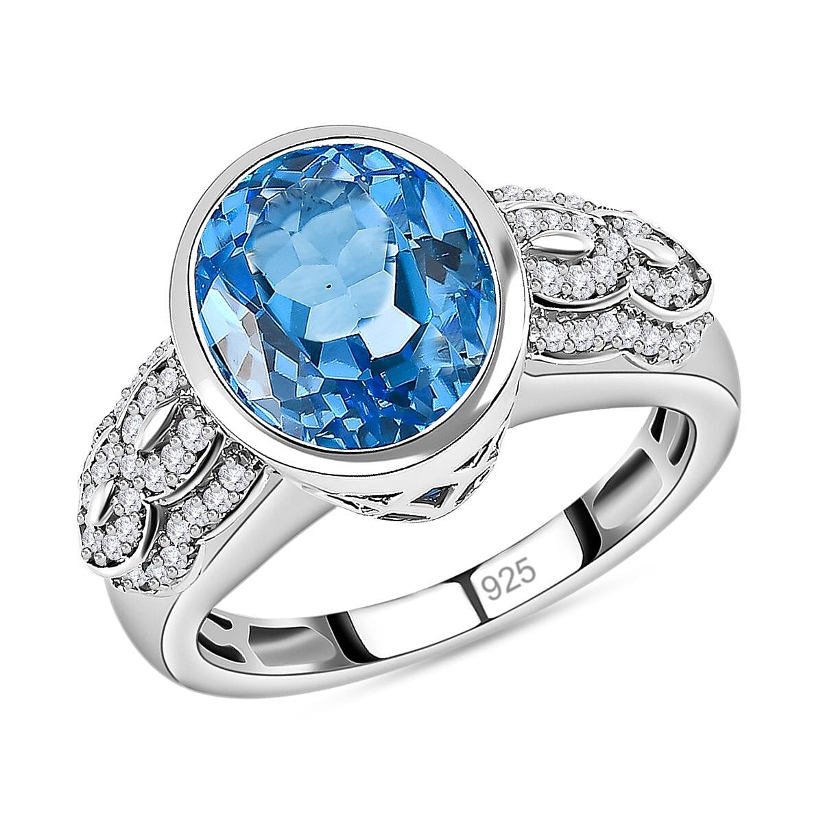 Electric Blue Topaz and White Zircon 5.51 ctw Ring in Platinum Over Sterling Silver (Size 9.0)