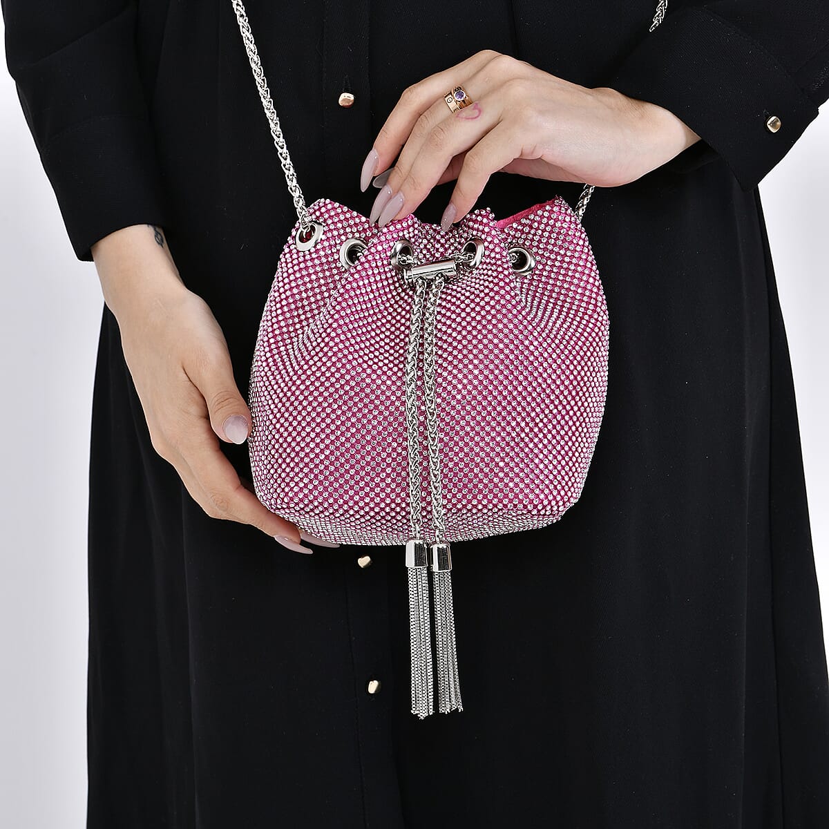 Pink Rose Crystal, with Tassel lock, Bucket Bag with a Stainless Steel long Strap image number 2