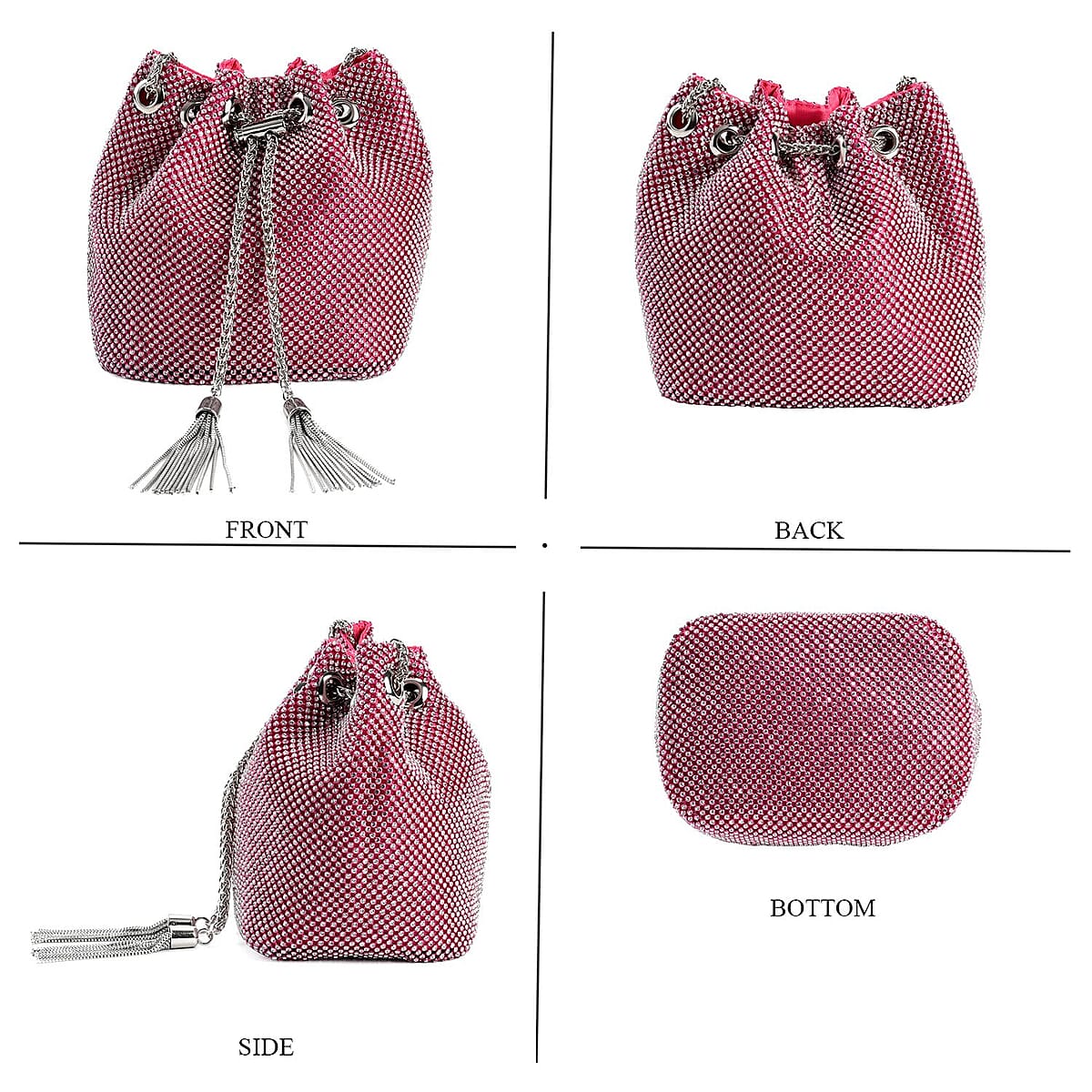 Pink Rose Crystal, with Tassel lock, Bucket Bag with a Stainless Steel long Strap image number 3
