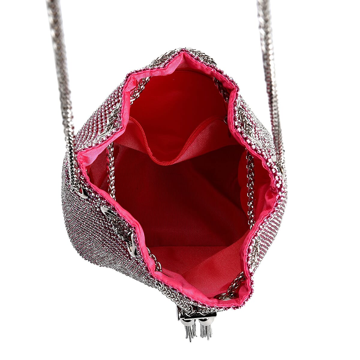 Pink Rose Crystal, with Tassel lock, Bucket Bag with a Stainless Steel long Strap image number 4
