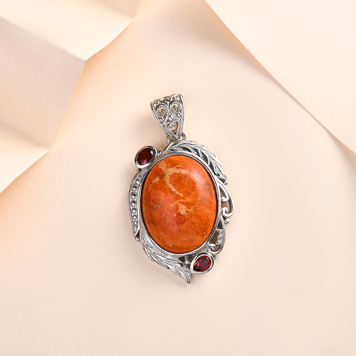 Sponge Coral and Mozambique Garnet Pendant without Chain in Platinum Over Copper with Magnet 12.85 ctw