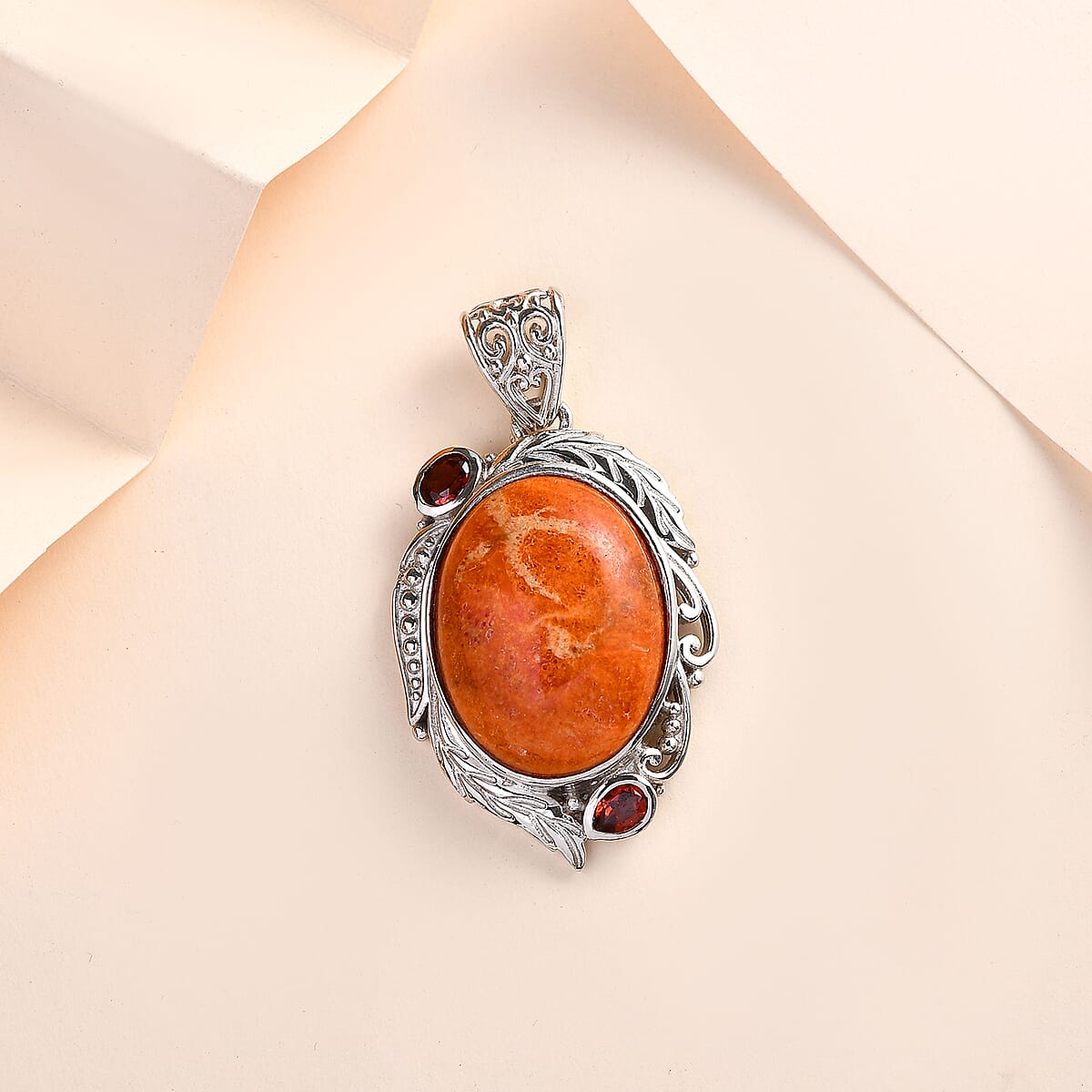 Sponge Coral and Mozambique Garnet Pendant without Chain in Platinum Over Copper with Magnet 12.85 ctw image number 1