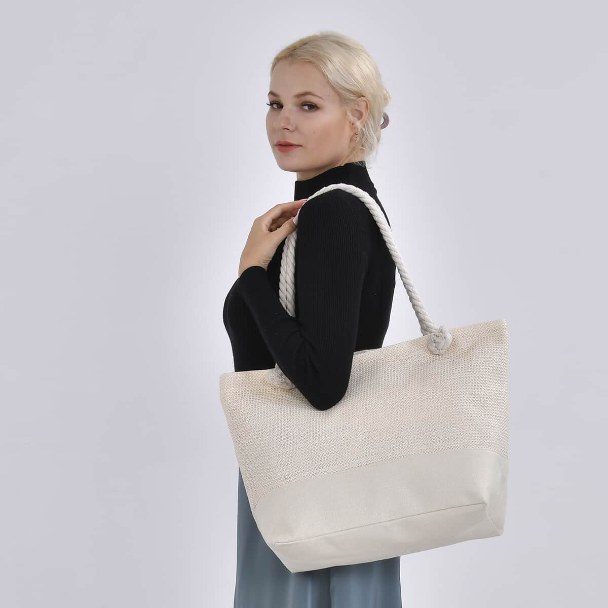 Ivory Color Tote Bag with Ribbon image number 1