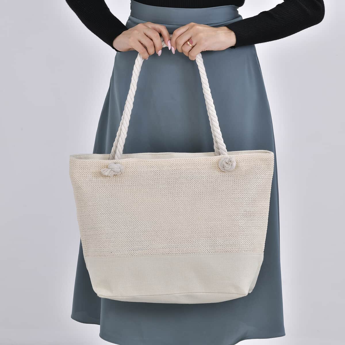 Ivory Color Tote Bag with Ribbon image number 2