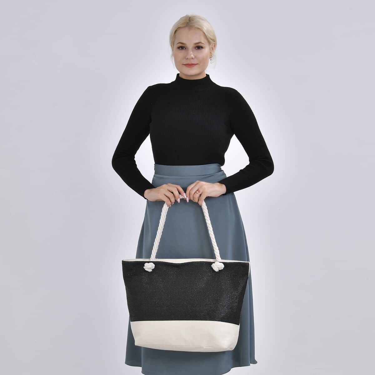 Black Color Tote Bag with Ribbon image number 1