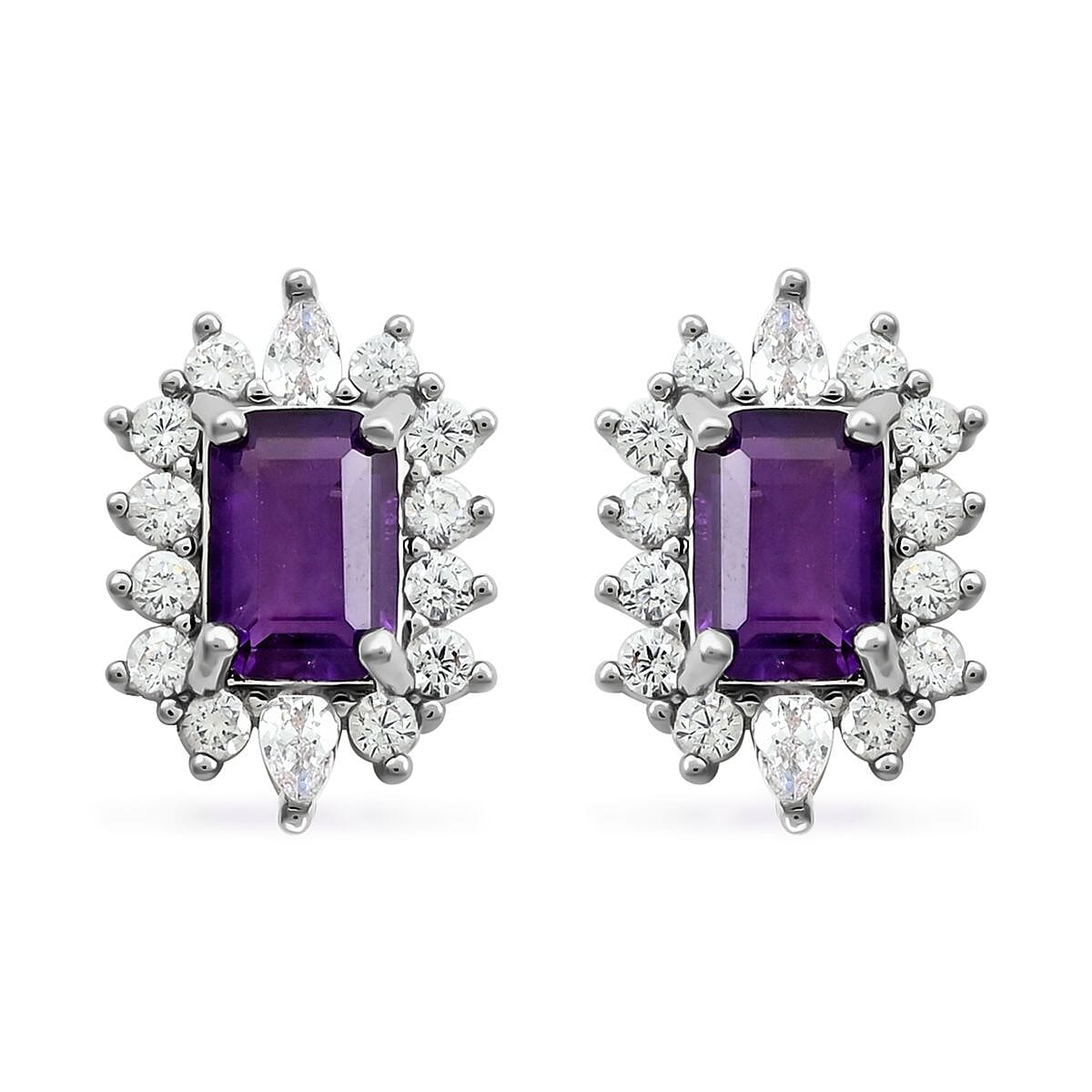 Amethyst and Simulated Diamond Earrings in Silvertone 2.00 ctw image number 0