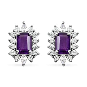 Amethyst and Simulated Diamond Earrings in Silvertone 2.00 ctw