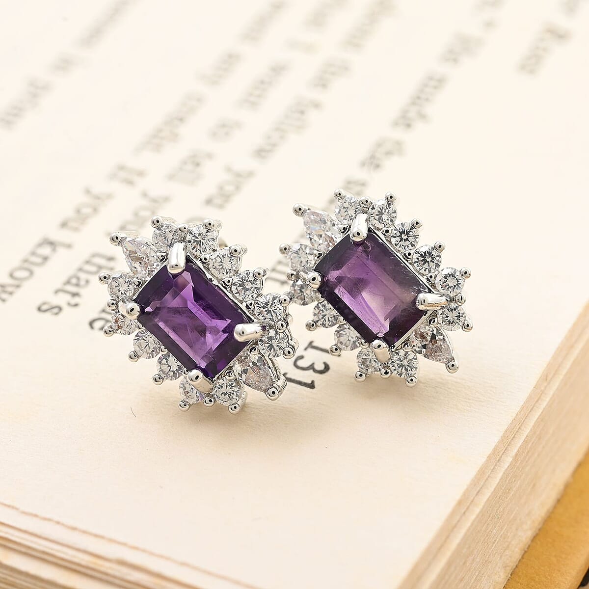 Amethyst and Simulated Diamond Earrings in Silvertone 2.00 ctw image number 1