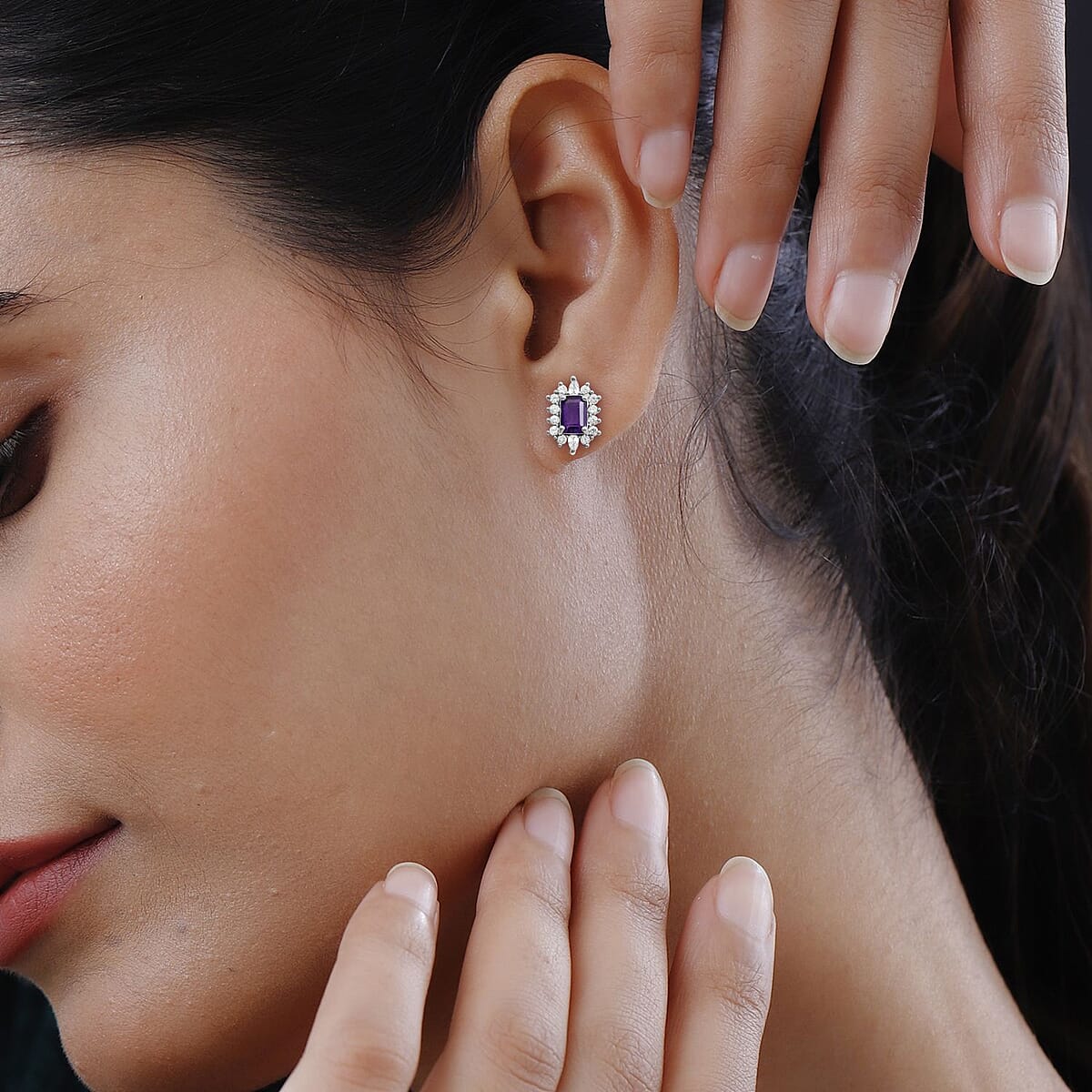 Amethyst and Simulated Diamond Earrings in Silvertone 2.00 ctw image number 2
