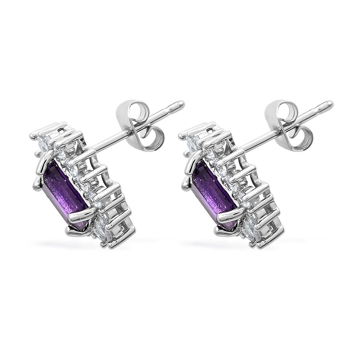 Amethyst and Simulated Diamond Earrings in Silvertone 2.00 ctw image number 3