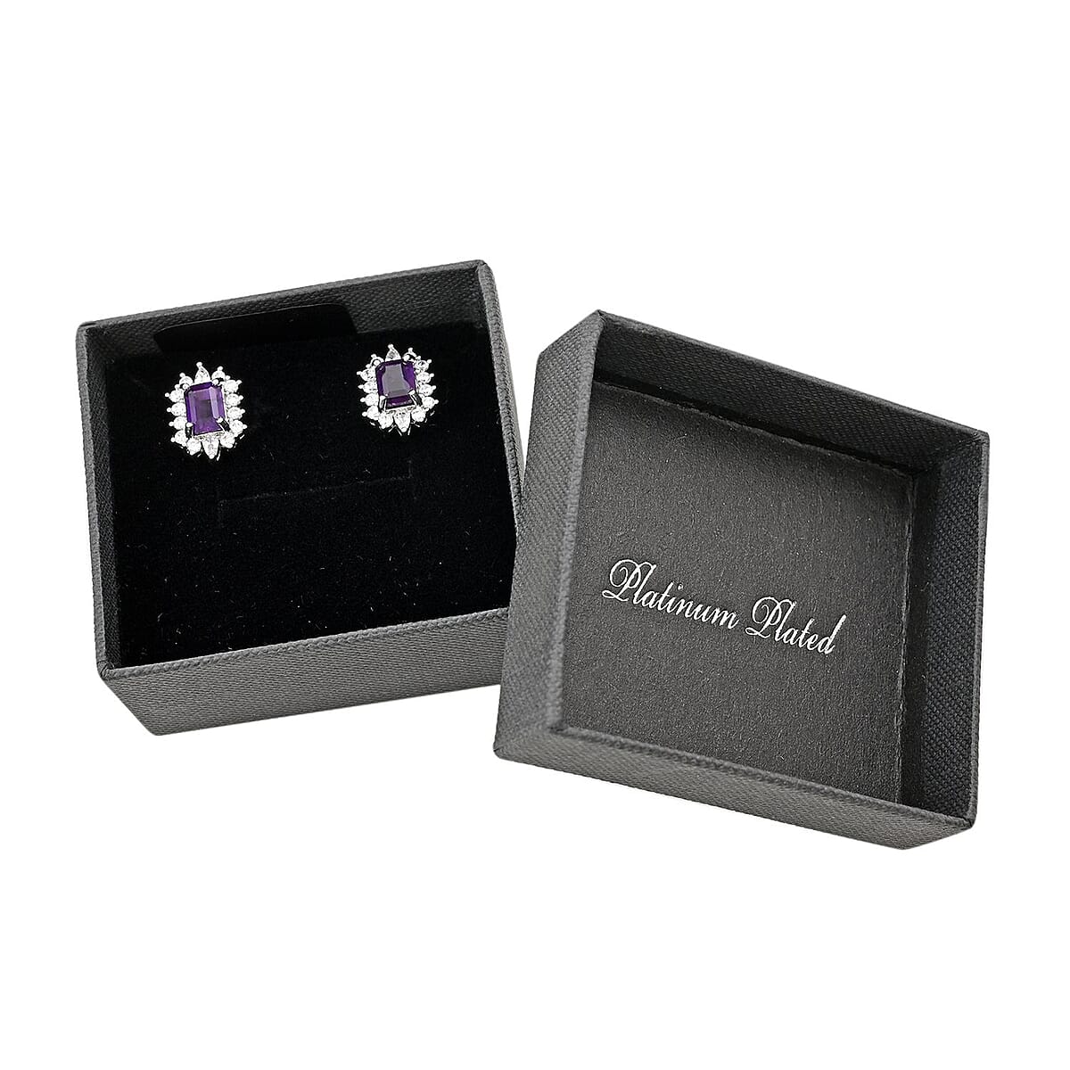 Amethyst and Simulated Diamond Earrings in Silvertone 2.00 ctw image number 4