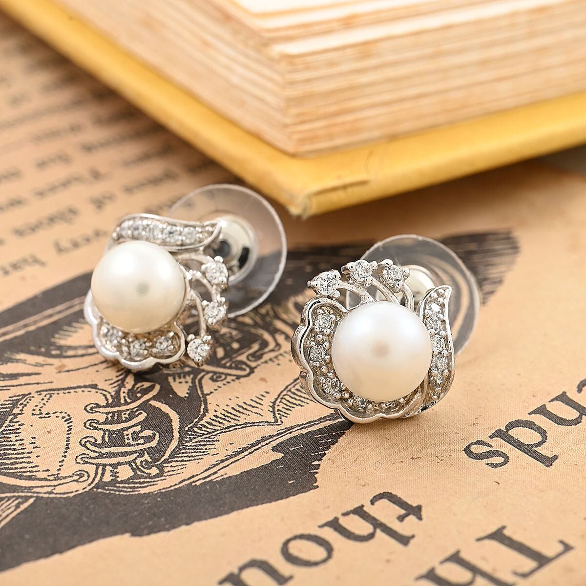 Freshwater Pearl and Simulated Diamond Earrings in Silvertone 0.15 ctw