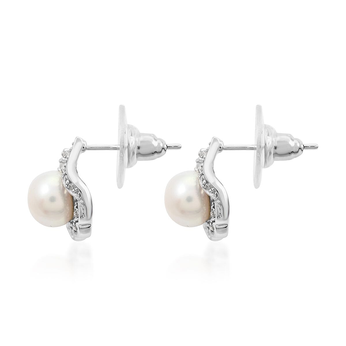 Freshwater Pearl and Simulated Diamond Earrings in Silvertone 0.15 ctw
