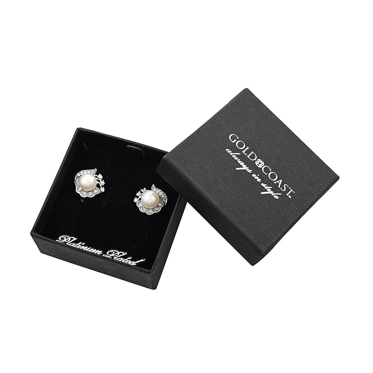 Freshwater Pearl and Simulated Diamond Earrings in Silvertone 0.15 ctw