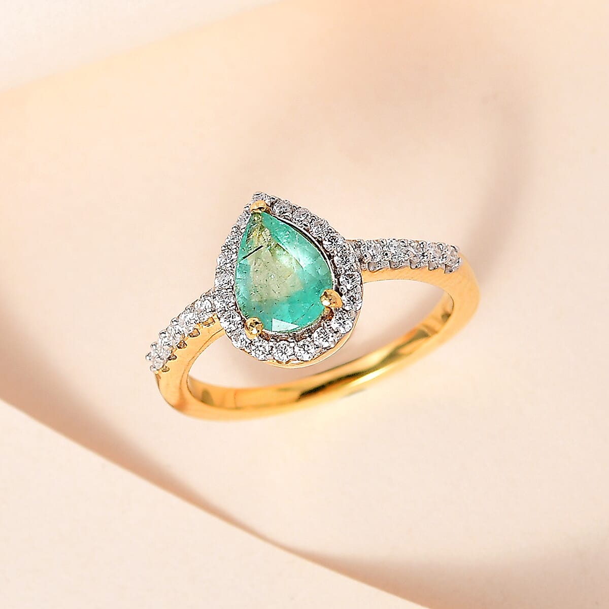 Ethiopian Emerald and Moissanite Halo Ring in Vermeil Yellow Gold Over Sterling Silver (Size 9.0) 1.30 ctw image number 1