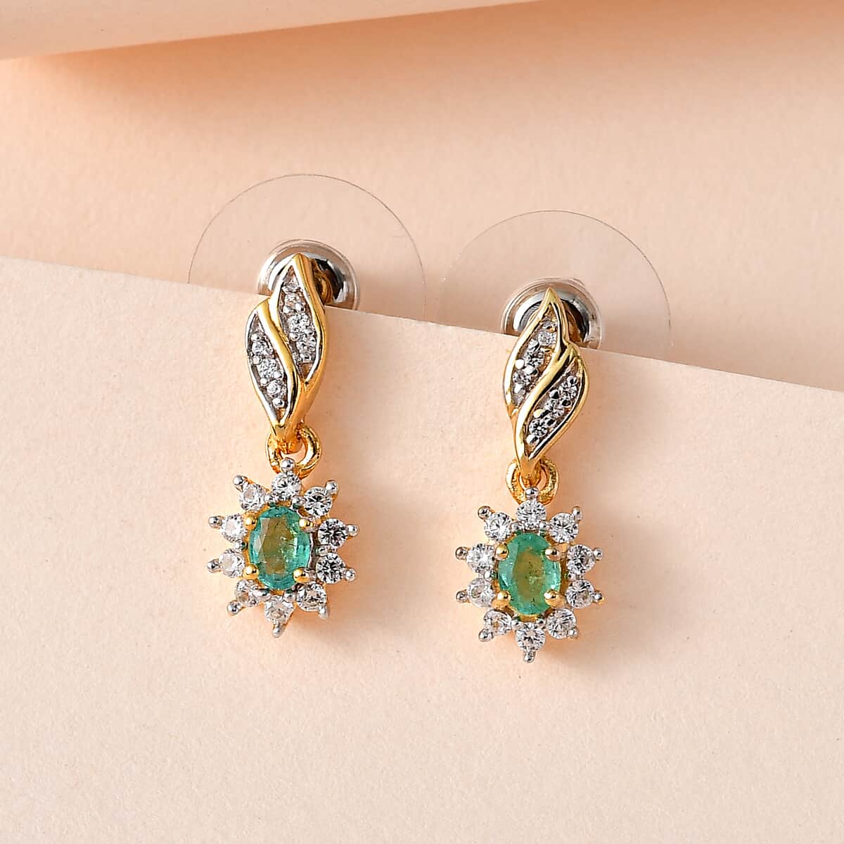 Ethiopian Emerald and White Zircon Dangle Earrings in Vermeil Yellow Gold Over Sterling Silver 0.80 ctw image number 1