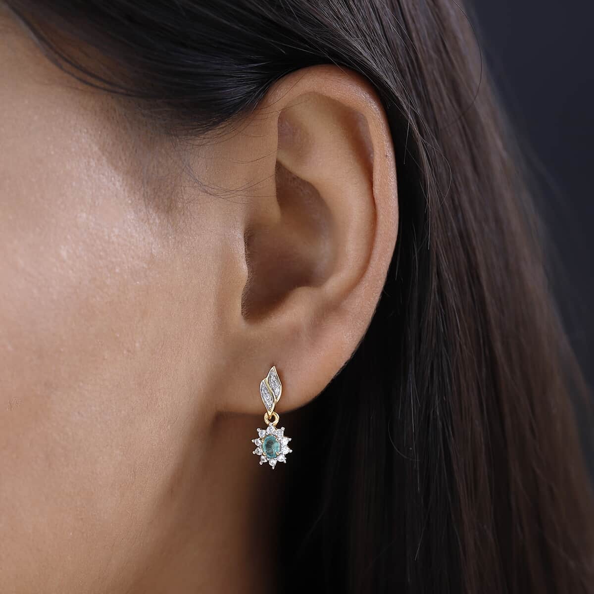 Ethiopian Emerald and White Zircon Dangle Earrings in Vermeil Yellow Gold Over Sterling Silver 0.80 ctw image number 2