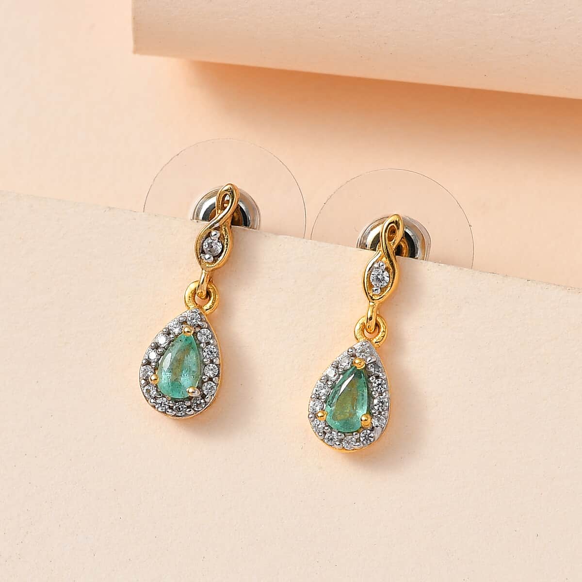 Ethiopian Emerald and White Zircon Dangle Earrings in Vermeil Yellow Gold Over Sterling Silver 0.60 ctw image number 1