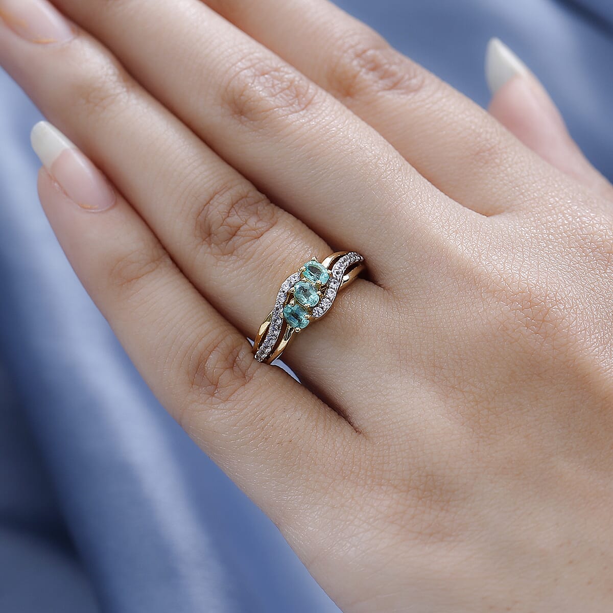 Ethiopian Emerald and White Zircon Bypass Ring in Vermeil Yellow Gold Over Sterling Silver 0.85 ctw image number 2