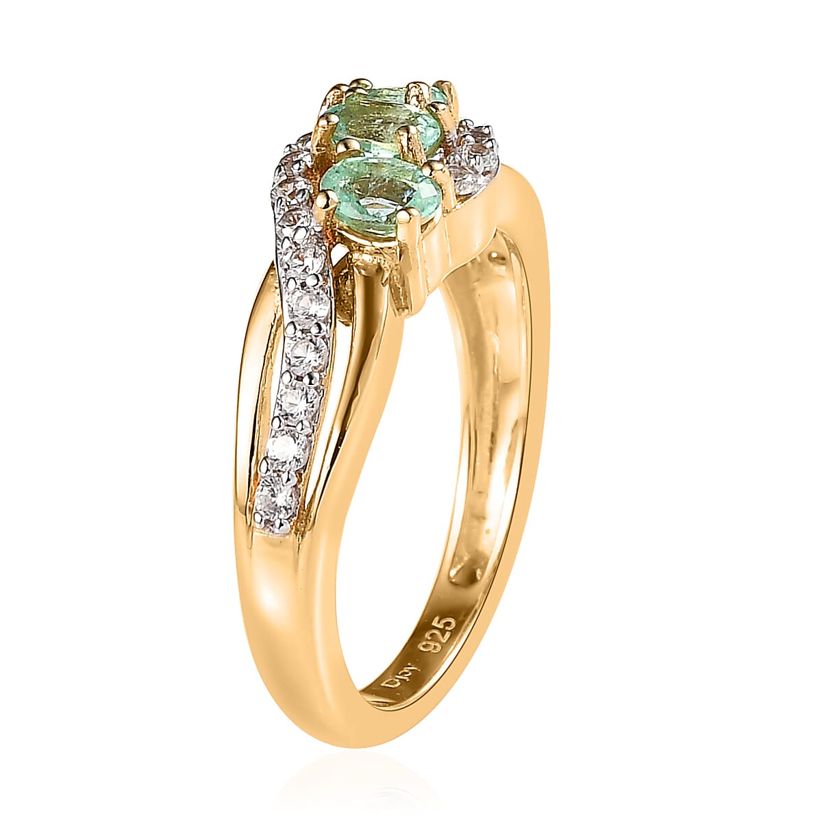 Ethiopian Emerald and White Zircon Bypass Ring in Vermeil Yellow Gold Over Sterling Silver 0.85 ctw image number 3