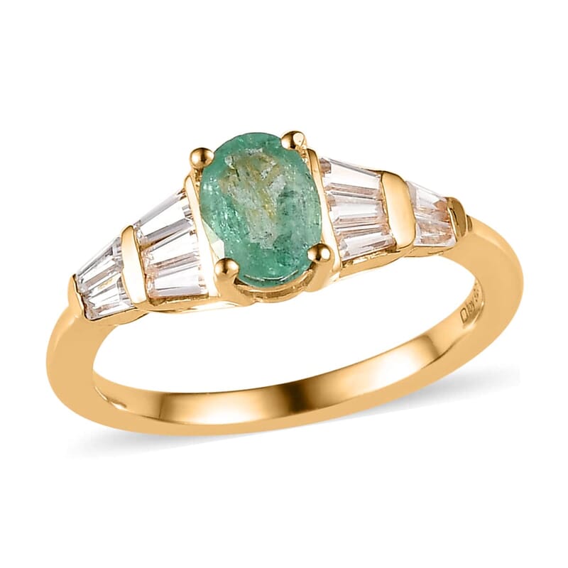 Ethiopian Emerald and Moissanite Ring in Vermeil Yellow Gold Over Sterling Silver (Size 10.0) 1.00 ctw