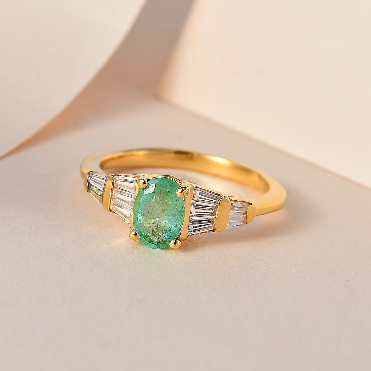 Ethiopian Emerald and Moissanite Ring in Vermeil Yellow Gold Over Sterling Silver 1.00 ctw (Del. in 5-7 Days) image number 1