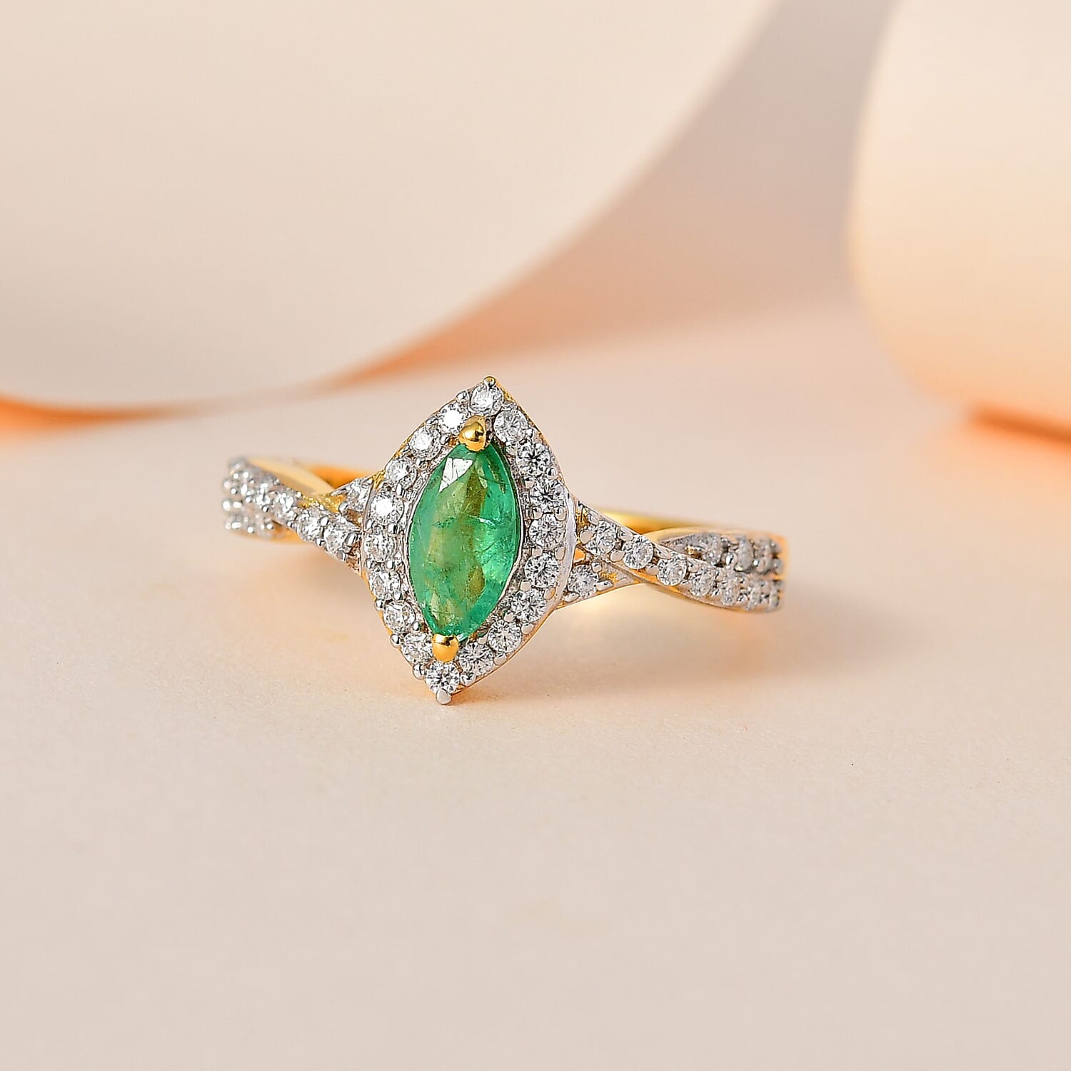 Ethiopian Emerald and Moissanite Halo Ring in Vermeil Yellow Gold Over Sterling Silver (Size 10.0) 0.70 ctw