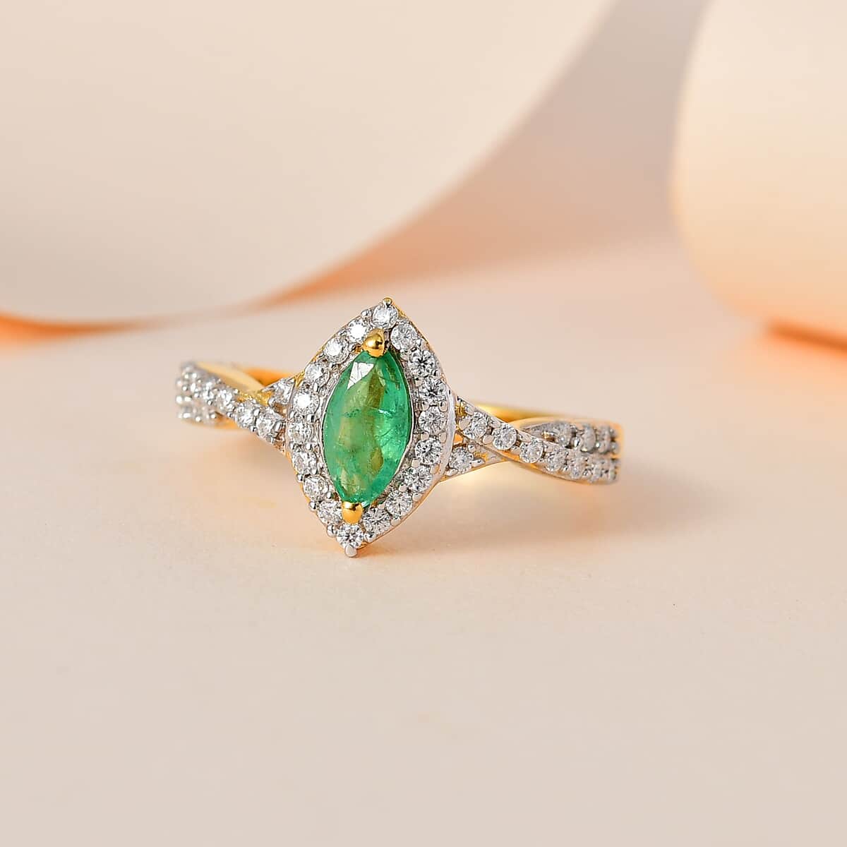 Ethiopian Emerald and Moissanite Halo Ring in Vermeil Yellow Gold Over Sterling Silver 0.70 ctw image number 1