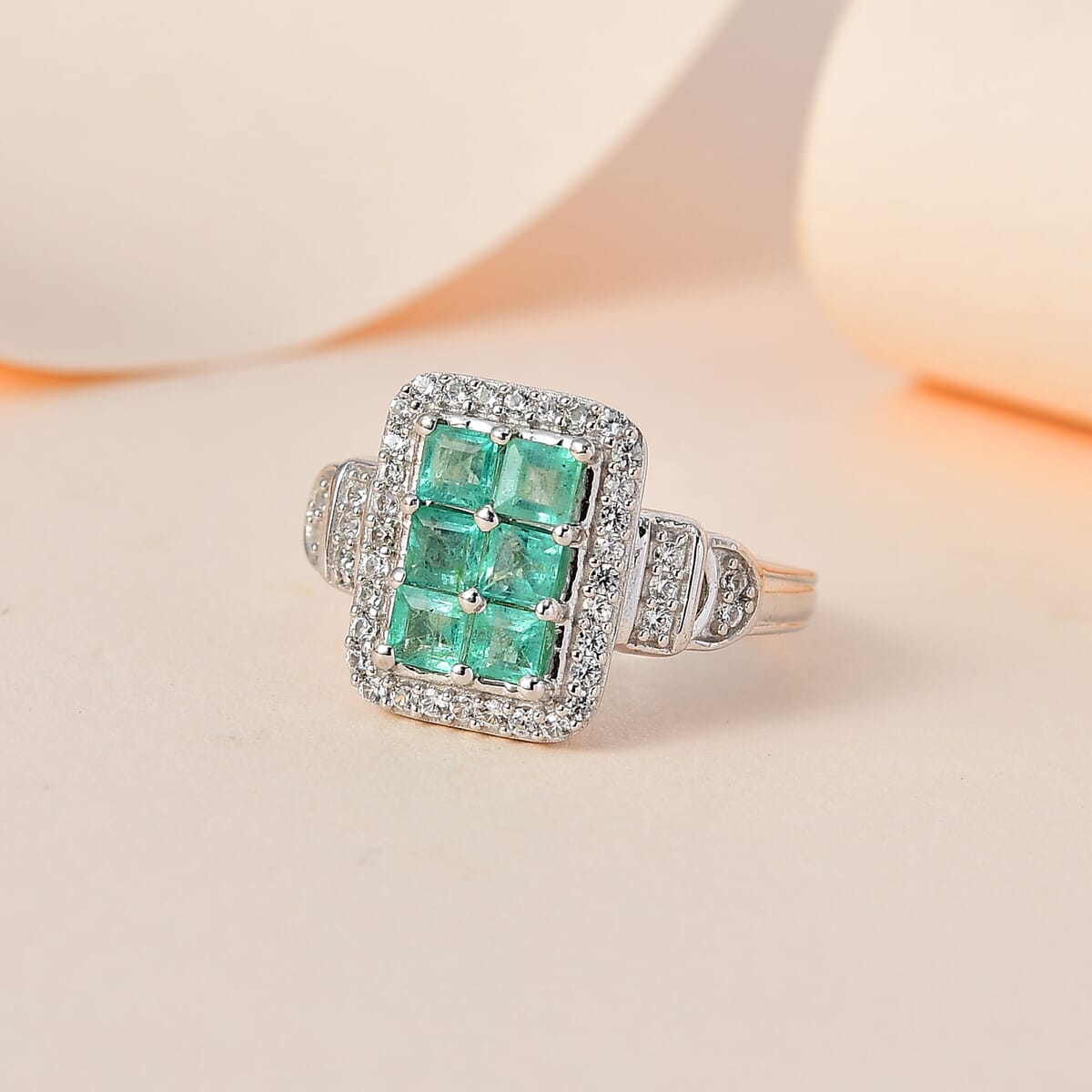 Ethiopian Emerald and White Zircon Ring in Platinum Over Sterling Silver 1.40 ctw image number 1
