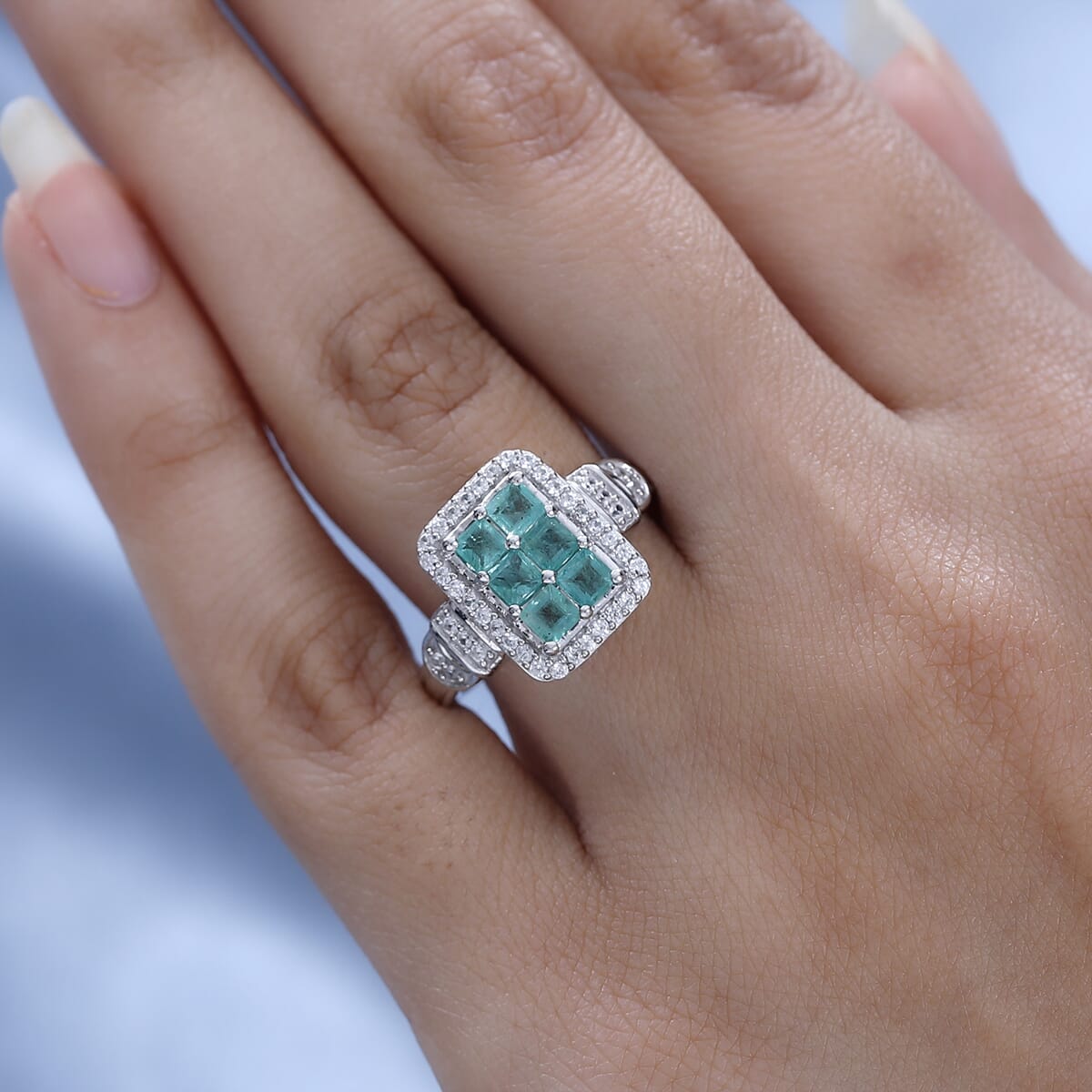 Ethiopian Emerald and White Zircon Ring in Platinum Over Sterling Silver 1.40 ctw image number 2