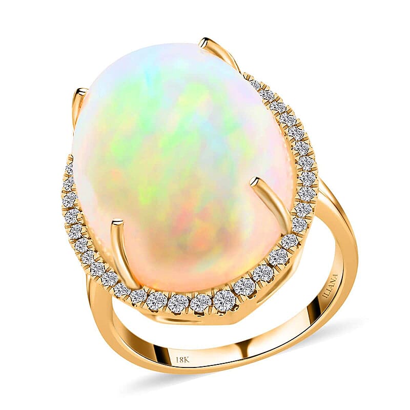 Certified & Appraised Iliana 18K Yellow Gold AAA Ethiopian Welo Opal and G-H SI White Diamond Ring (Size 10.0) 5.30 Grams 14.10 ctw