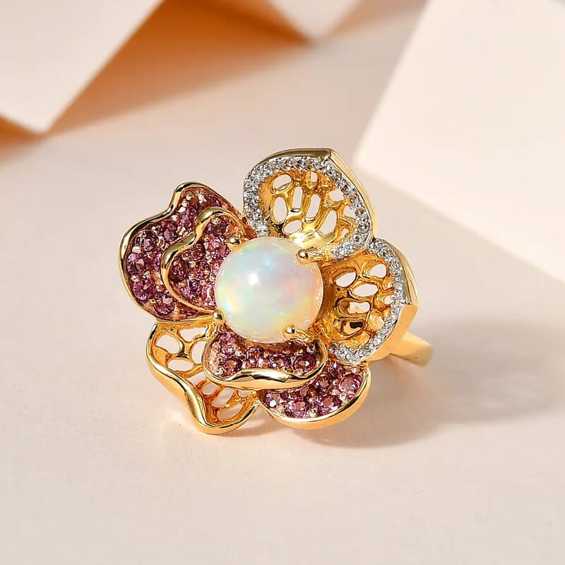 GP Italian Garden Collection Premium Ethiopian Welo Opal and Multi Gemstone Ring in Vermeil YG and Platinum Over Sterling Silver (Size 10.0) 2.50 ctw