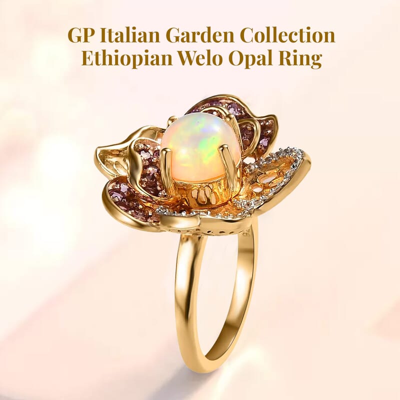 GP Italian Garden Collection Premium Ethiopian Welo Opal and Multi Gemstone Ring in Vermeil YG and Platinum Over Sterling Silver (Size 10.0) 2.50 ctw