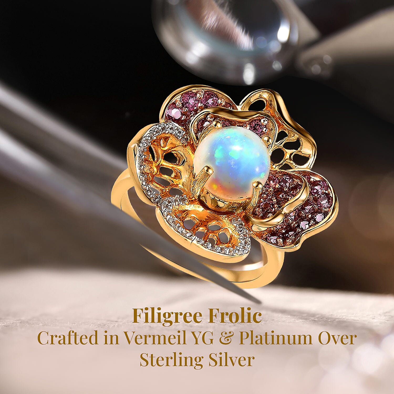 GP Italian Garden Collection Premium Ethiopian Welo Opal and Multi Gemstone Ring in Vermeil YG and Platinum Over Sterling Silver (Size 10.0) 2.50 ctw