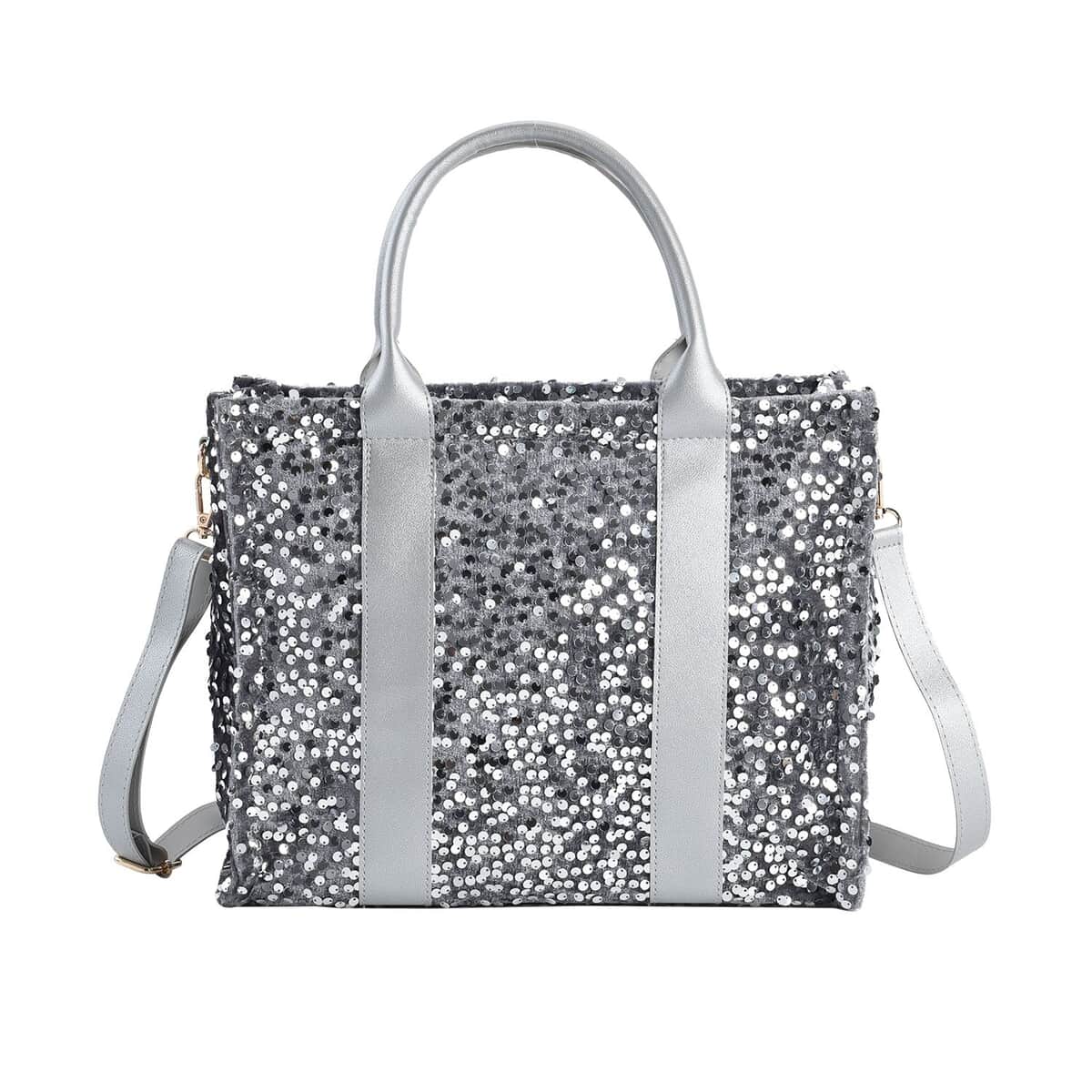 Silver Color Faux Leather Sequin Tote Bag with Handle Drop and Strap image number 0