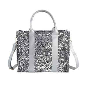 Silver Color Faux Leather Sequin Tote Bag with Handle Drop and Strap