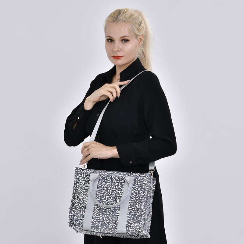Silver Color Faux Leather Sequin Tote Bag with Handle Drop and Strap