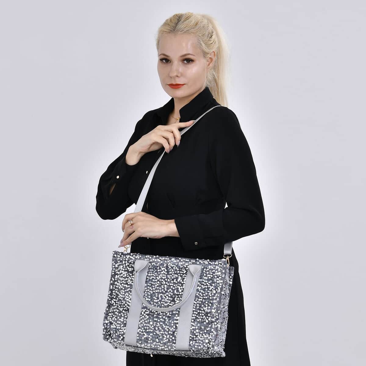 Silver Color Faux Leather Sequin Tote Bag with Handle Drop and Strap image number 1