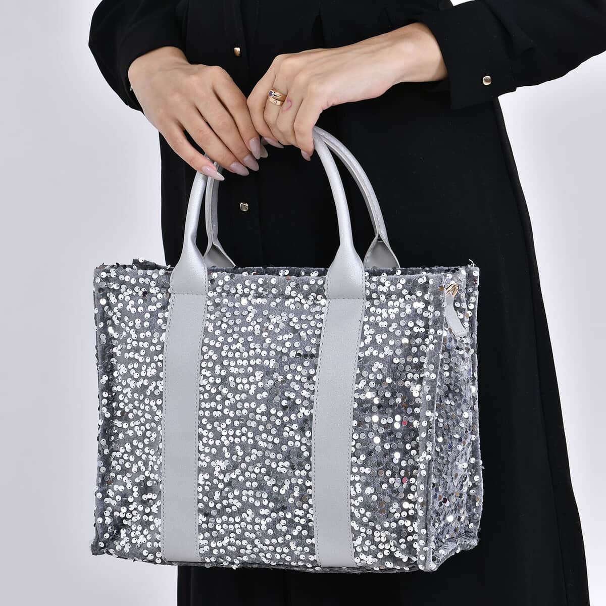 Silver Color Faux Leather Sequin Tote Bag with Handle Drop and Strap image number 2