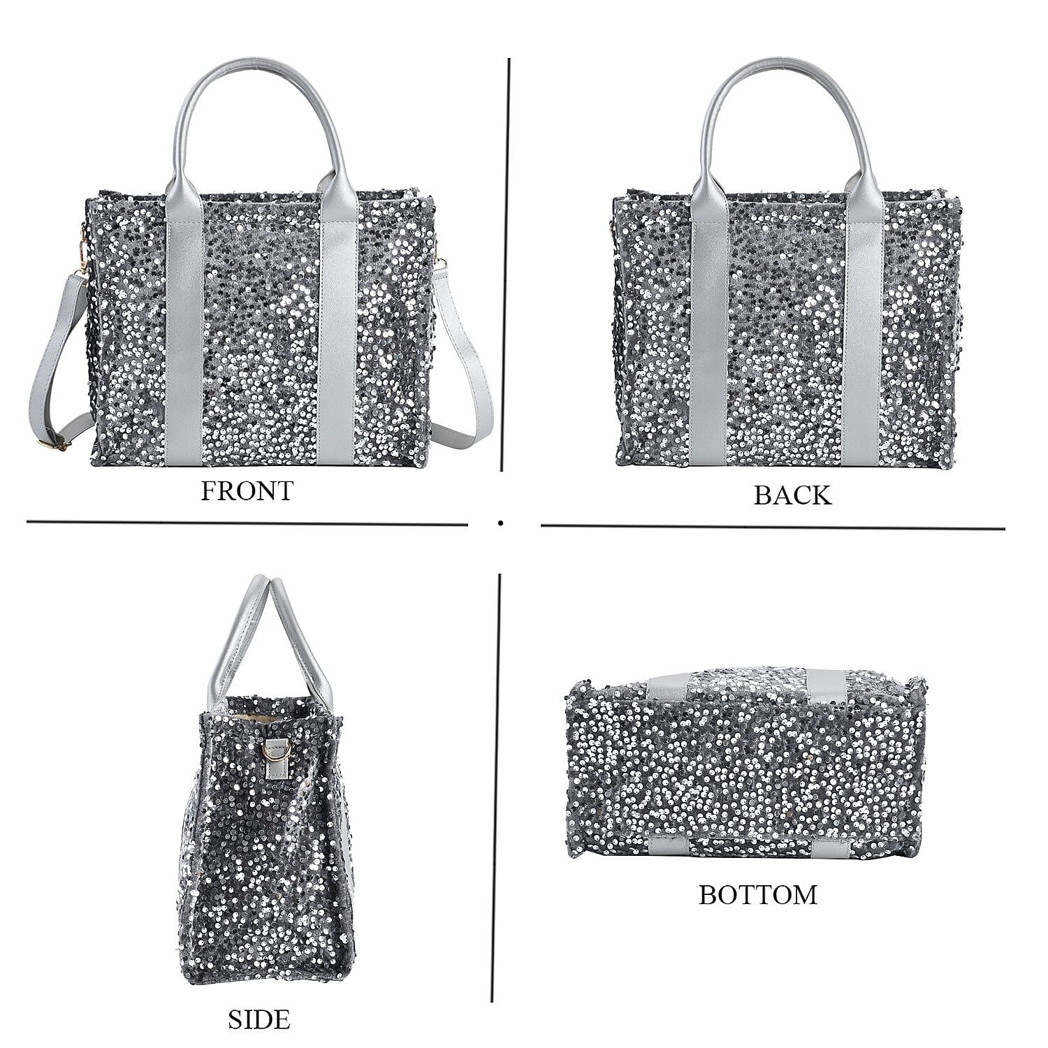 Silver Color Faux Leather Sequin Tote Bag with Handle Drop and Strap