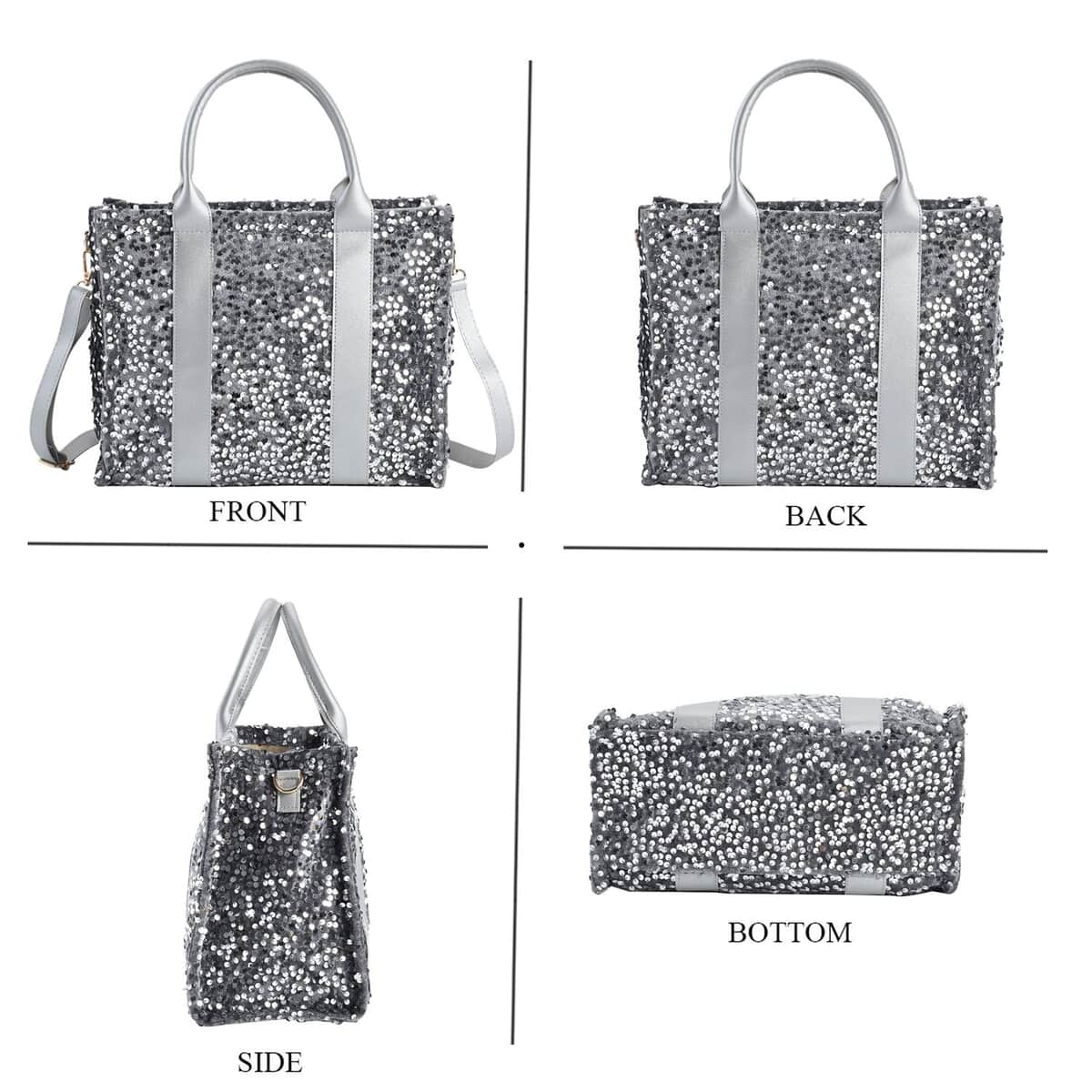 Silver Color Faux Leather Sequin Tote Bag with Handle Drop and Strap image number 3