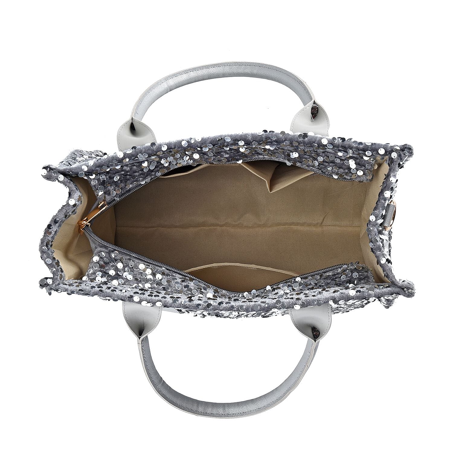 Silver Color Faux Leather Sequin Tote Bag with Handle Drop and Strap