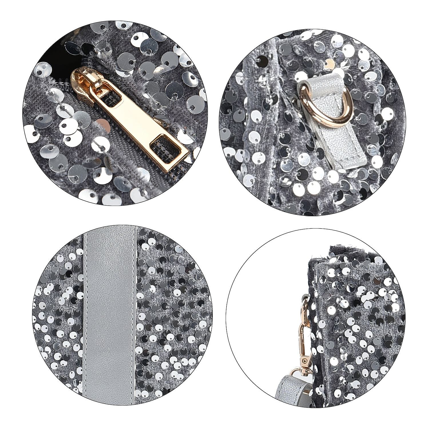 Silver Color Faux Leather Sequin Tote Bag with Handle Drop and Strap