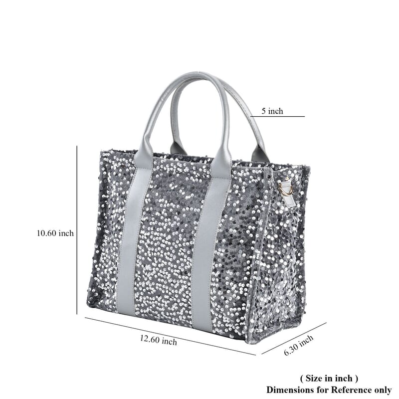 Silver Color Faux Leather Sequin Tote Bag with Handle Drop and Strap