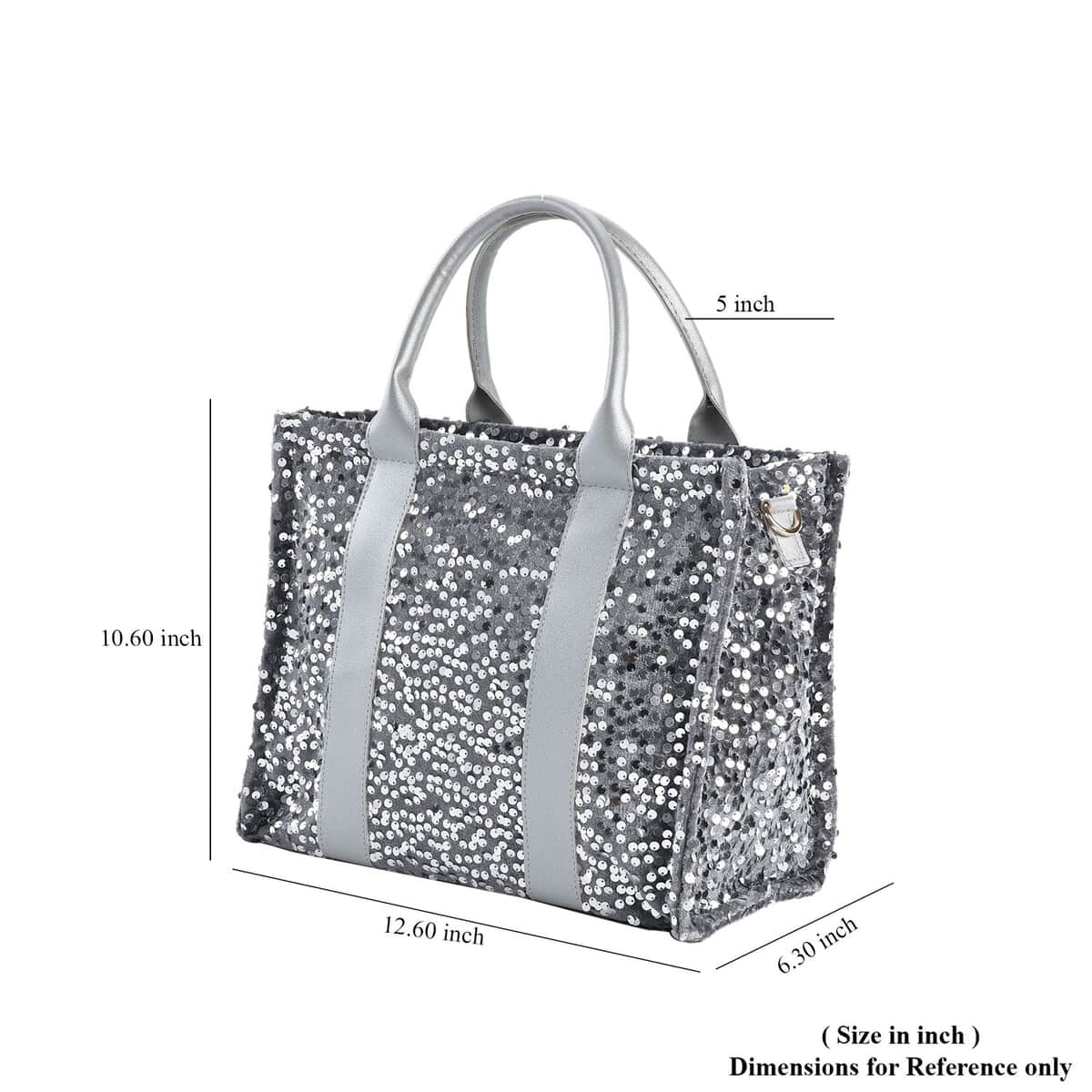 Silver Color Faux Leather Sequin Tote Bag with Handle Drop and Strap image number 6