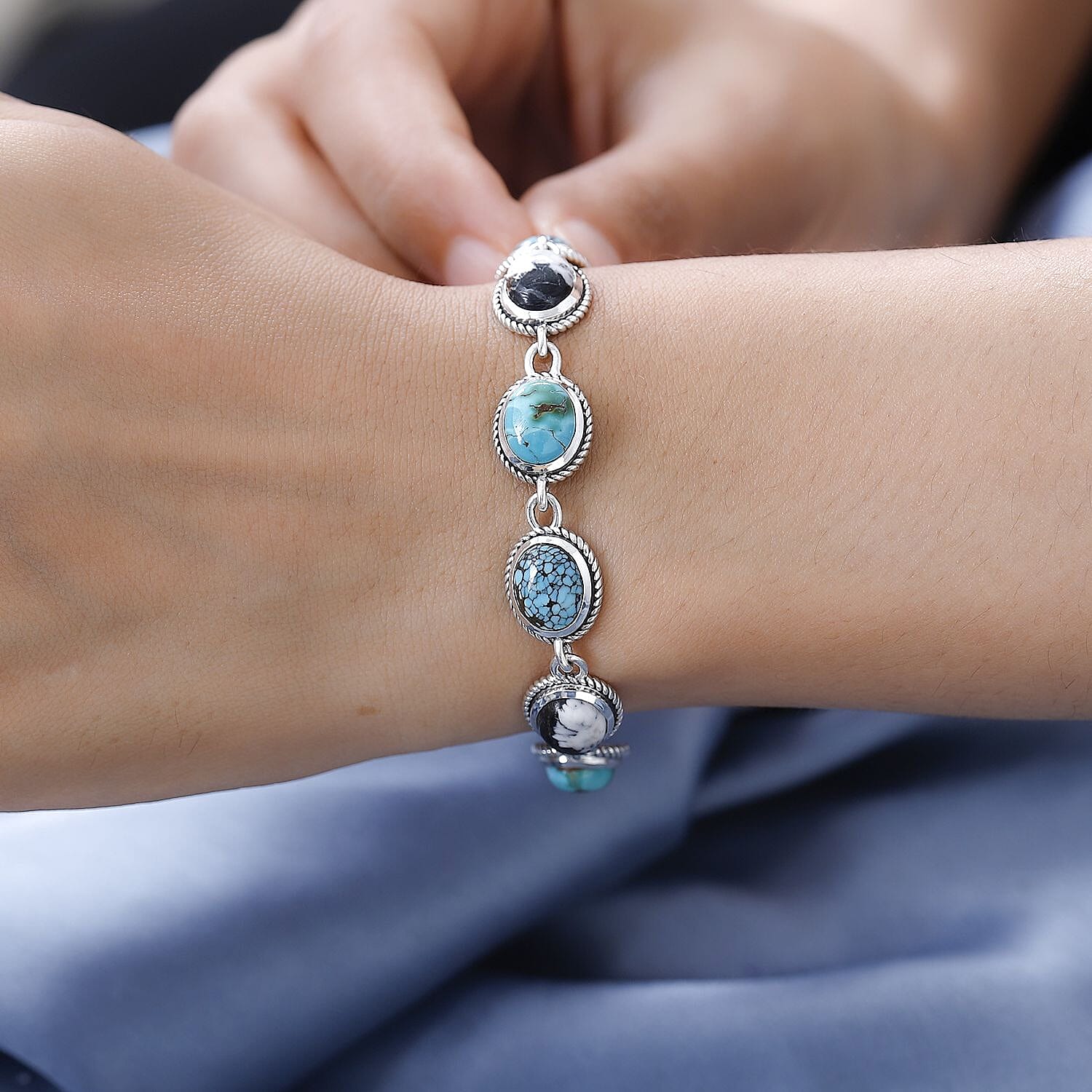 D'Joy Artisan Crafted Royston Turquoise, Blue Moon Turquoise and White Buffalo Toggle Clasp Bracelet in Sterling Silver (7.25 In) 16.50 ctw