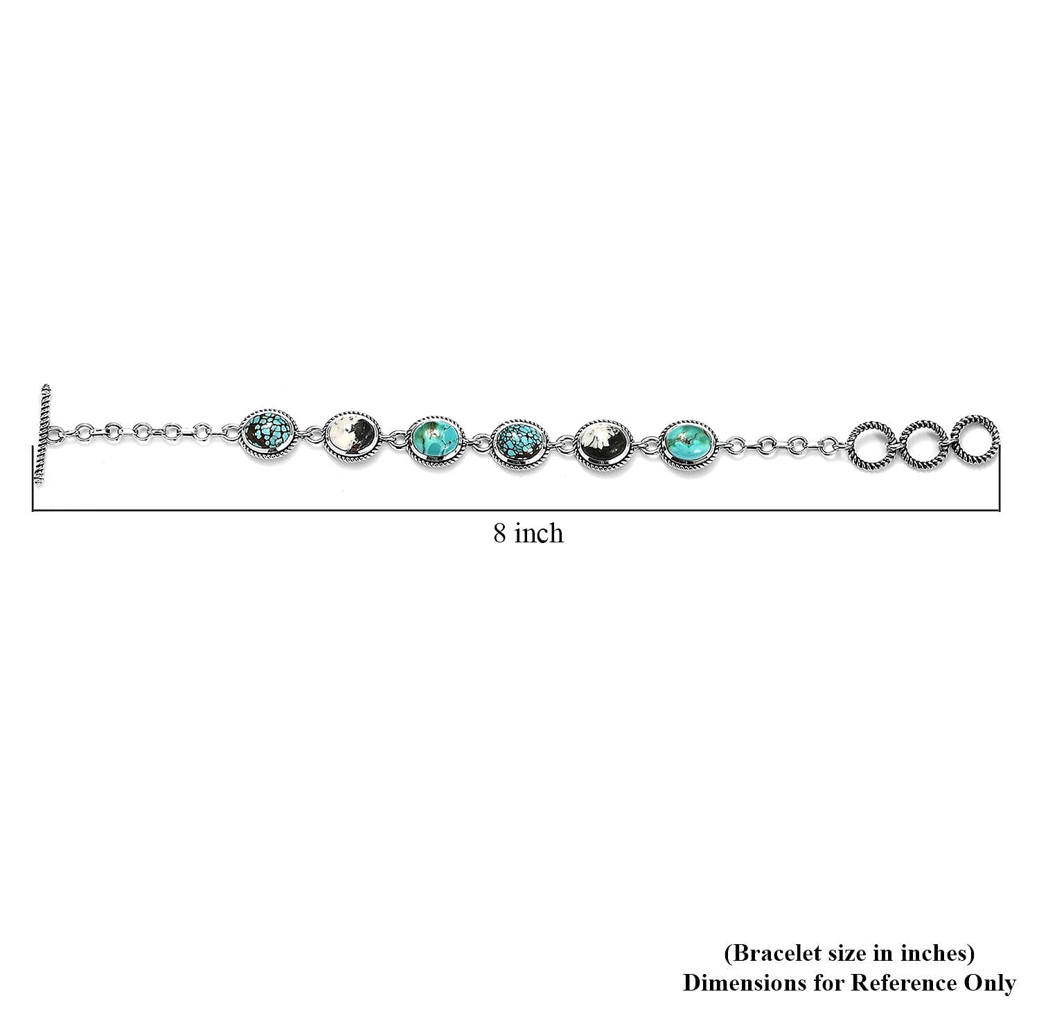 D'Joy Artisan Crafted Royston Turquoise, Blue Moon Turquoise and White Buffalo Toggle Clasp Bracelet in Sterling Silver (7.25 In) 16.50 ctw