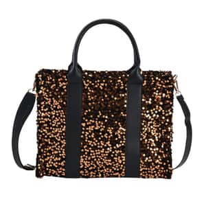 Gold Color Faux Leather Sequin Tote Bag with Handle Drop and Strap